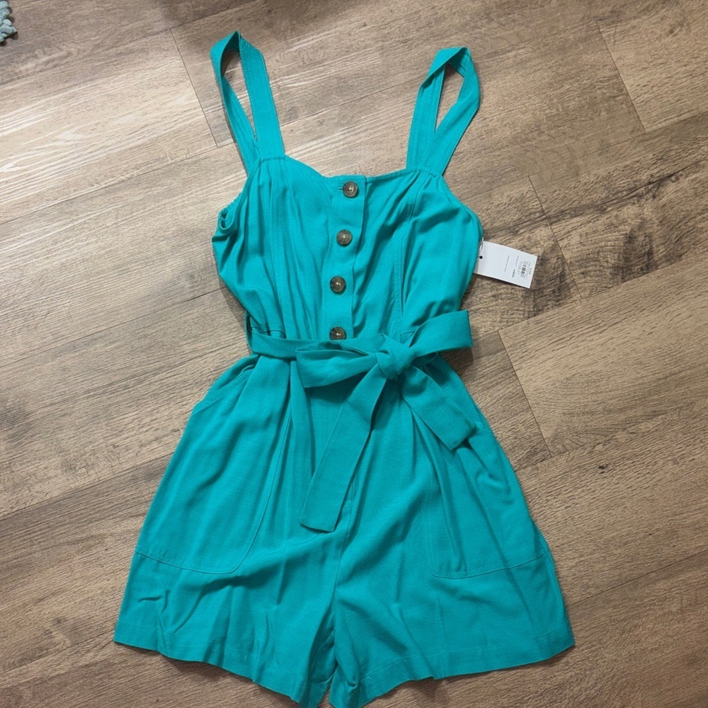 Nine West Teal Button-Front Romper with Tie Waist - Picture 8 of 8